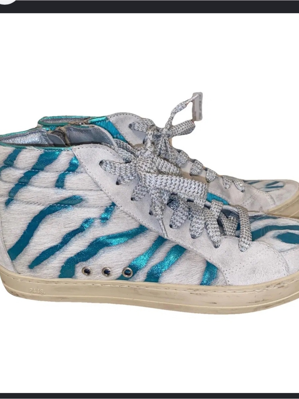 P448 White and Teal Zebra High-Top Sneakers